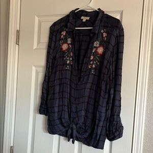 Anthropologie Blue Long Sleeve Tie Front Blouse